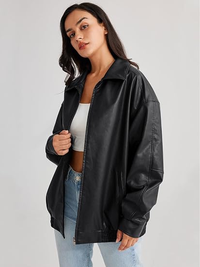 hathne Women's Oversized Leather Jackets Faux Zip Up Fall Fashion Motorcycle Jackets Coats Winter Clothes - Image 3