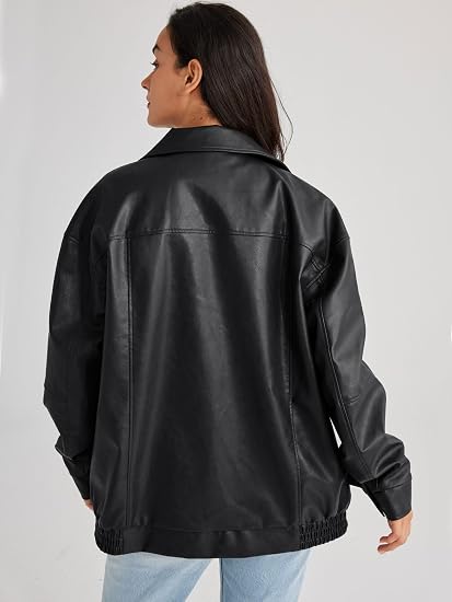 hathne Women's Oversized Leather Jackets Faux Zip Up Fall Fashion Motorcycle Jackets Coats Winter Clothes - Image 4