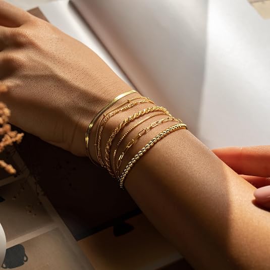 M MOOHAM 7PCS Gold Bracelets for Women, 14K Gold Plated Beaded Bracelet Set - Image 2
