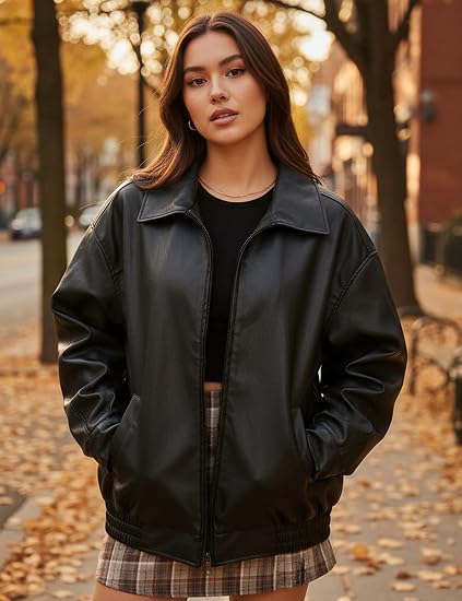 hathne Women's Oversized Leather Jackets Faux Zip Up Fall Fashion Motorcycle Jackets Coats Winter Clothes - Image 5