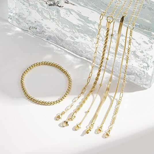 M MOOHAM 7PCS Gold Bracelets for Women, 14K Gold Plated Beaded Bracelet Set - Image 7