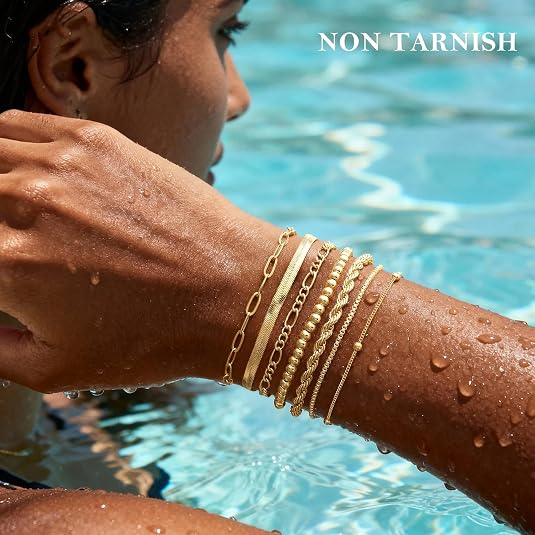 M MOOHAM 7PCS Gold Bracelets for Women, 14K Gold Plated Beaded Bracelet Set - Image 5