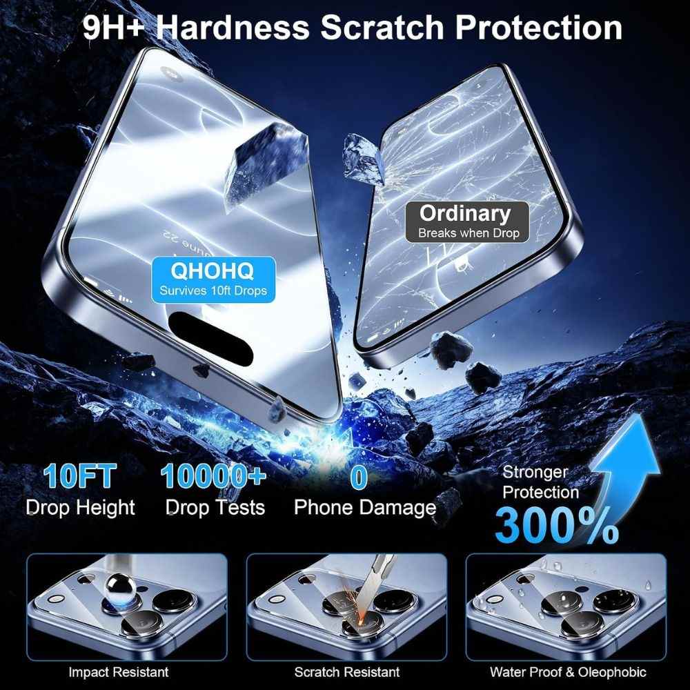 QHOHQ for iPhone 18 Pro Screen Protector, 9H+ Tempered Glass, 3+3 Pack - Image 3