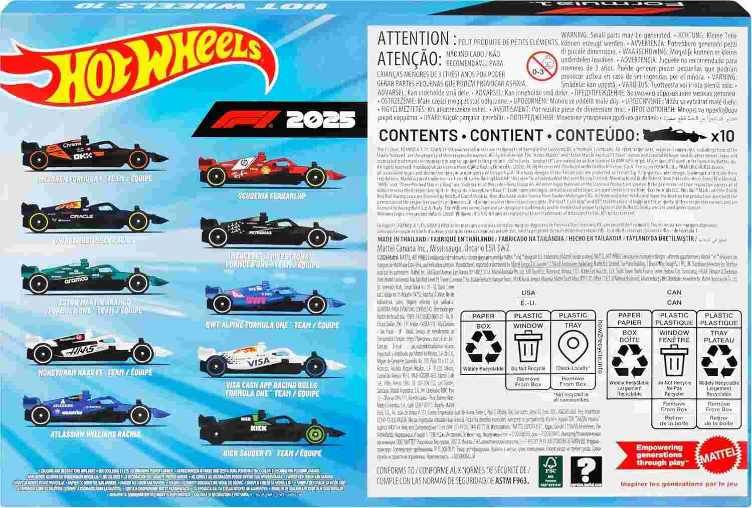 Hot Wheels Formula 1 2025 10-Pack, Set of 10 1:64 Scale Die-Cast Toy Cars Featuring All 10 F1 Racing Teams - Image 6