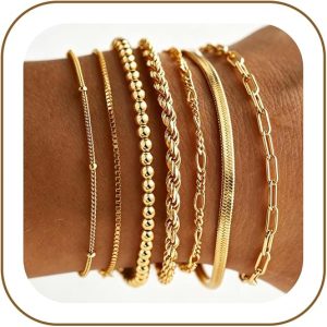 M MOOHAM 7PCS Gold Bracelets for Women, 14K Gold Plated Beaded Bracelet Set
