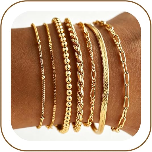 M MOOHAM 7PCS Gold Bracelets for Women, 14K Gold Plated Beaded Bracelet Set