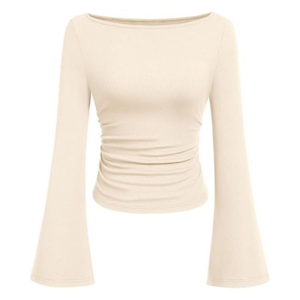 PRETTYGARDEN Womens Bell Long Sleeve Ribbed Knit Tops