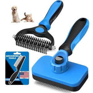 Professional 3-Piece Pet Grooming Kit – Self-Cleaning Slicker Brush, Double-Sided Dematting Rake & Flea Comb