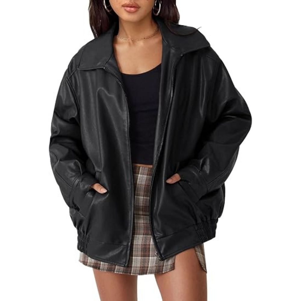 hathne Women's Oversized Leather Jackets Faux Zip Up Fall Fashion Motorcycle Jackets Coats Winter Clothes