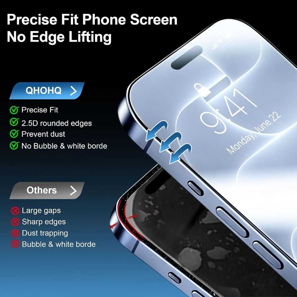QHOHQ for iPhone 18 Pro Screen Protector, 9H+ Tempered Glass, 3+3 Pack - Image 7