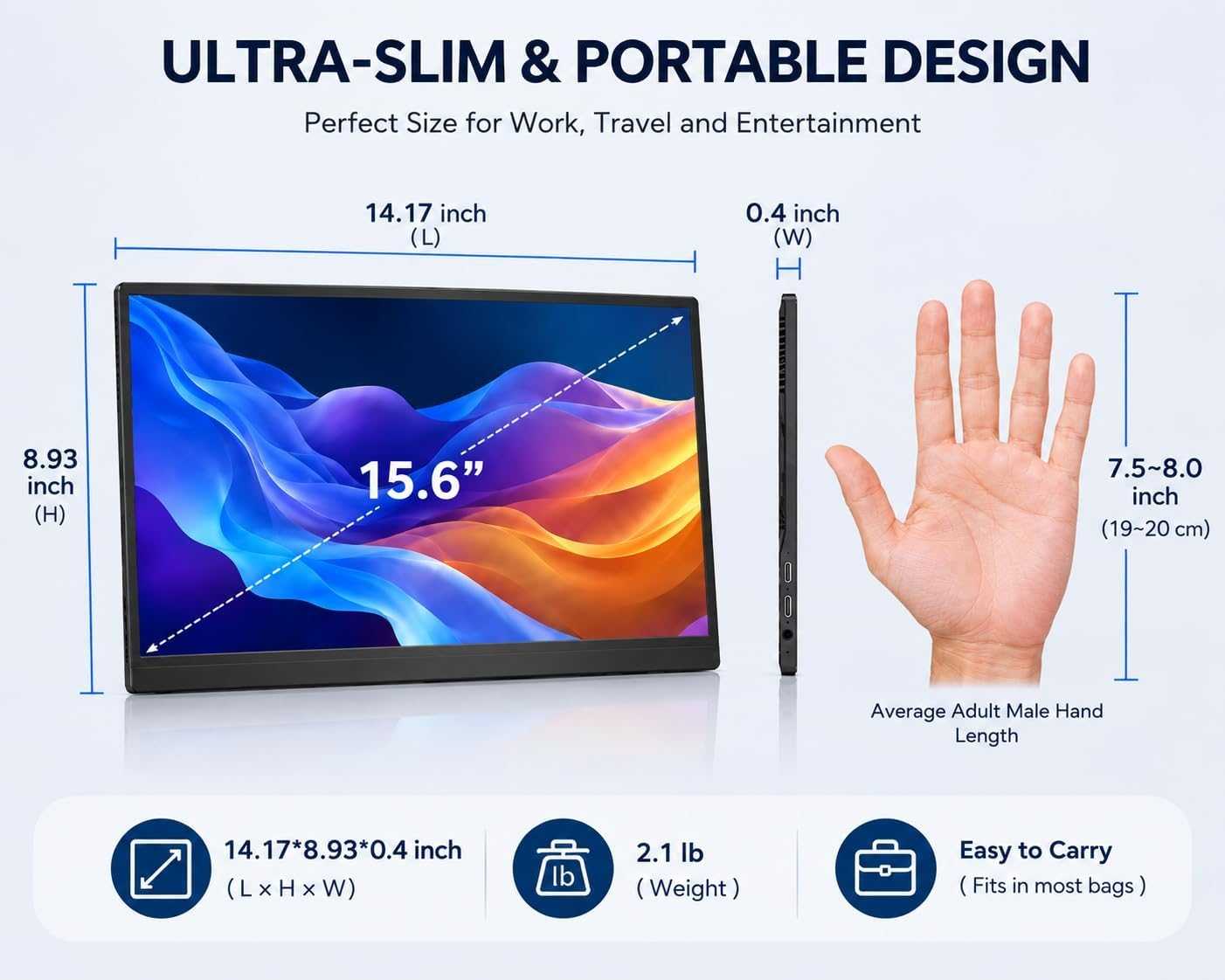 MNN 15.6" FHD 60Hz Portable Monitor USB-C HDMI IPS HDR Gaming Laptop - Image 7